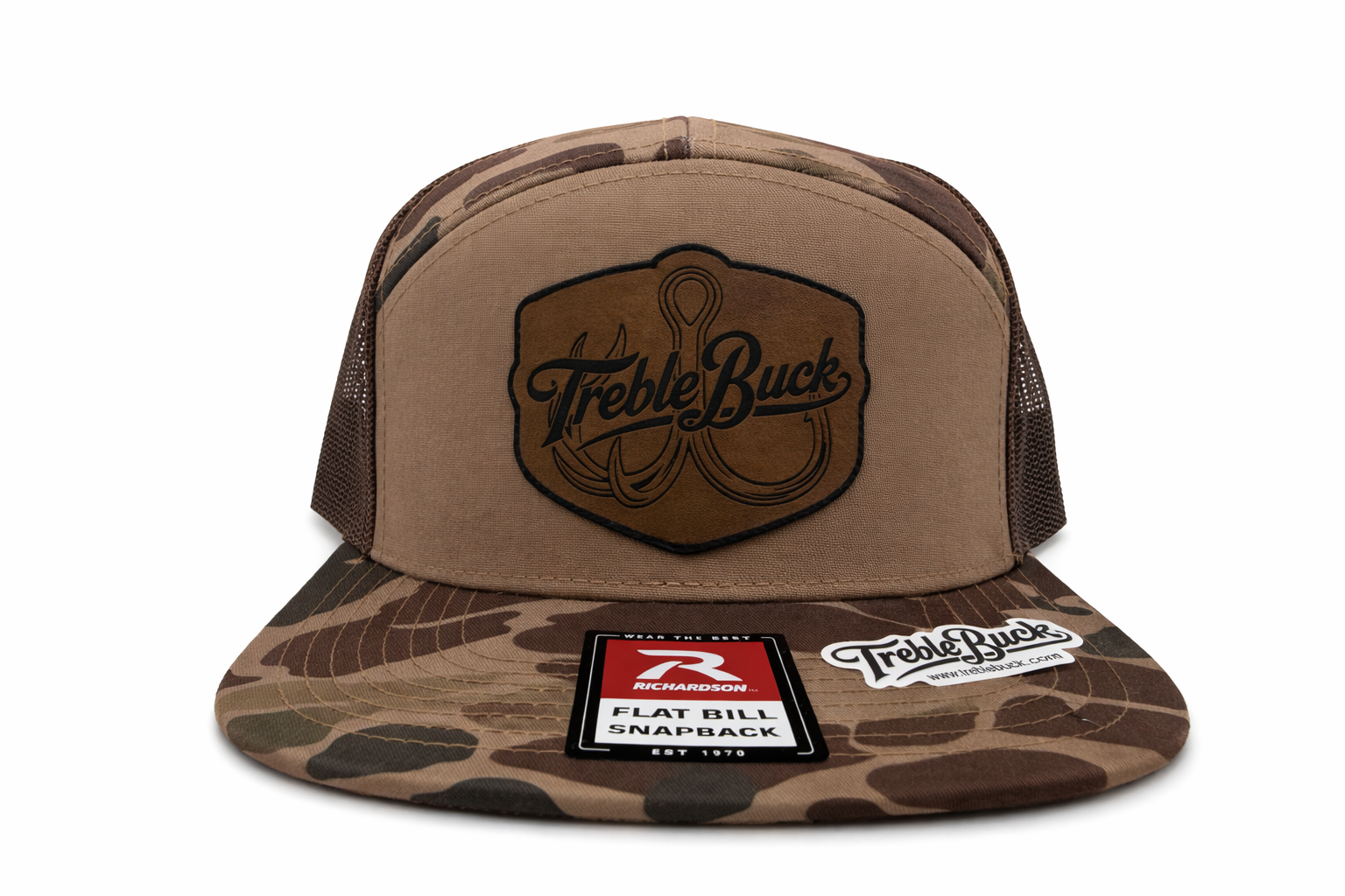 TrebleBuck Richardson 168 Trucker Hat – Bark Duck Camo W/ Leather Patch Snapback | Outdoor Fishing & Hunting Cap