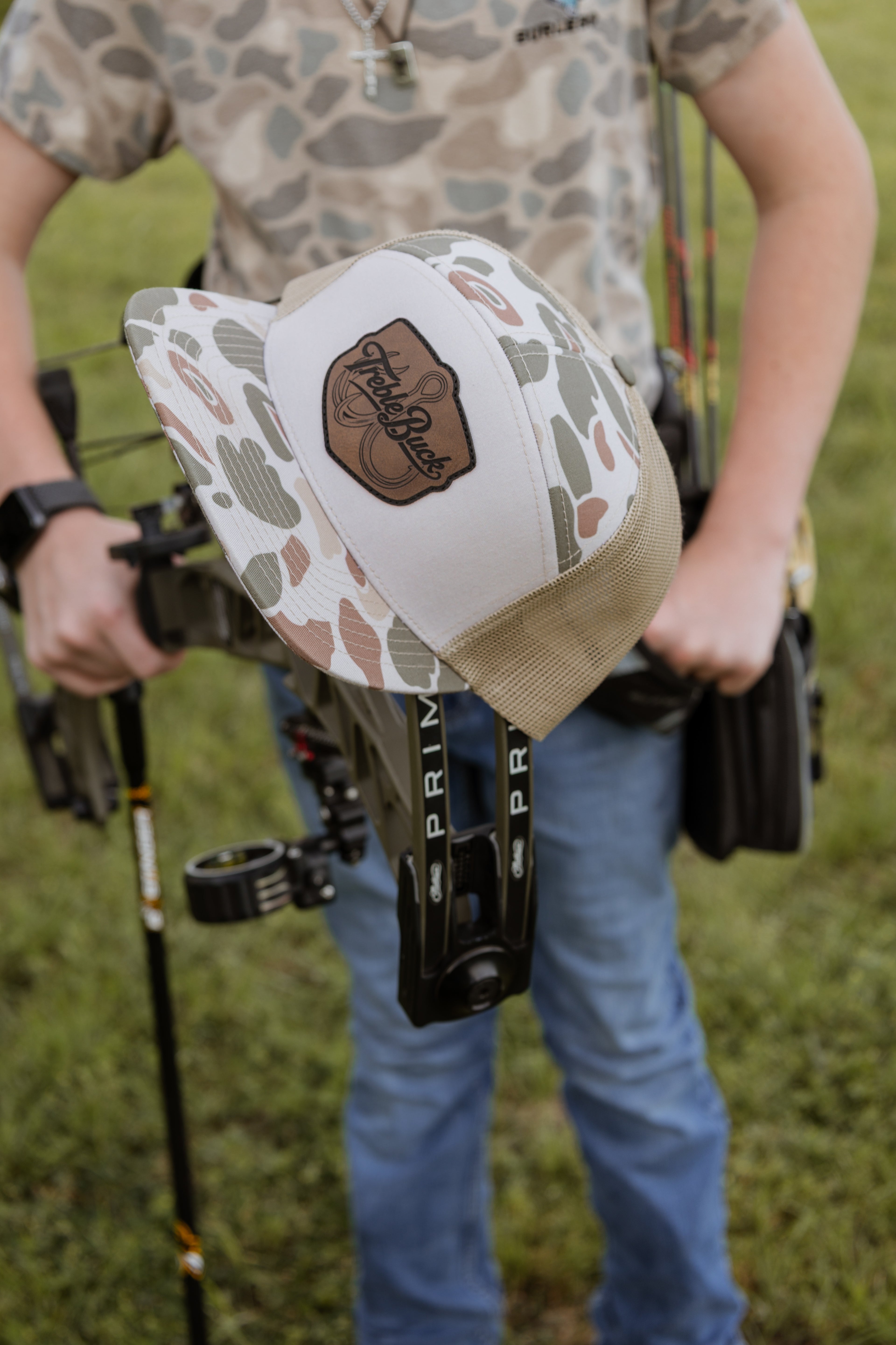 TrebleBuck Richardson 168 Trucker Hat – Light Duck Camo W/ Leather Patch Snapback | Outdoor Fishing & Hunting Cap