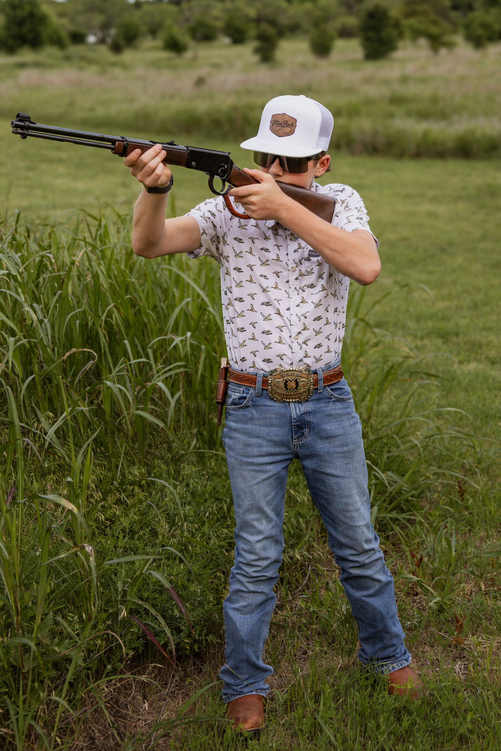 TrebleBuck Richardson 168 Trucker Hat – White W/ Leather Patch Snapback | Outdoor Fishing & Hunting Cap