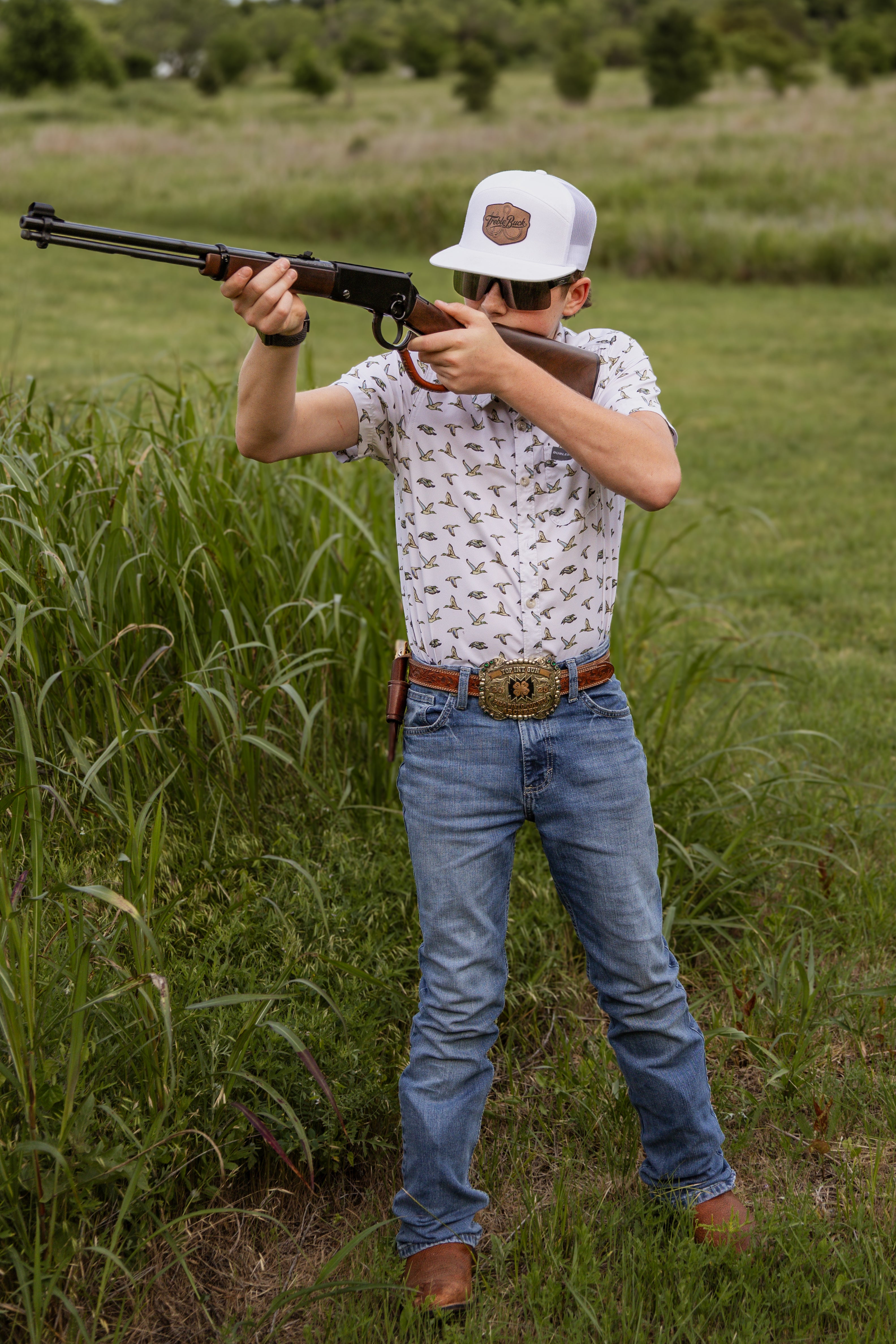 TrebleBuck Richardson 168 Trucker Hat – White W/ Leather Patch Snapback | Outdoor Fishing & Hunting Cap