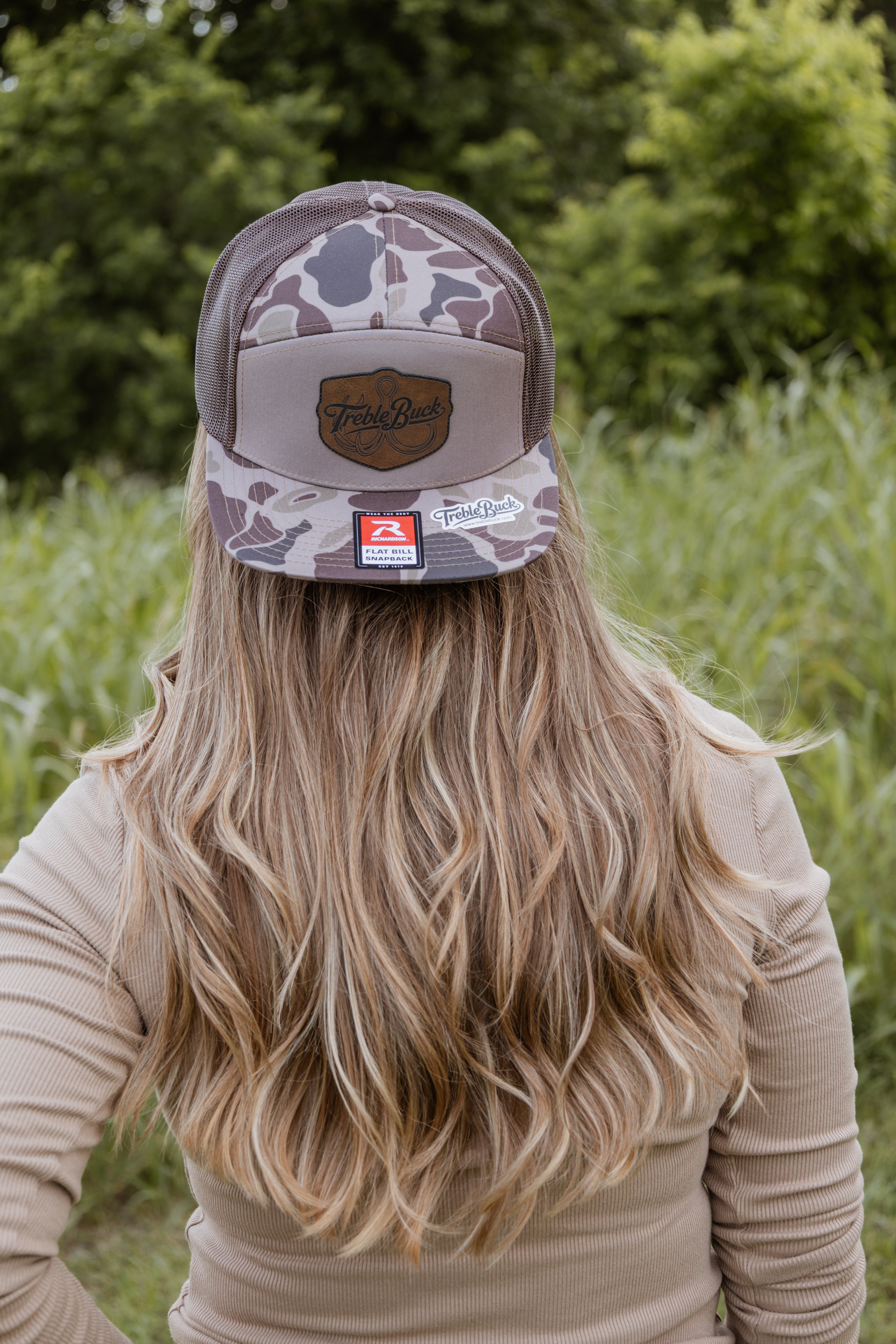 TrebleBuck Richardson 168 Trucker Hat – Bark Duck Camo W/ Leather Patch Snapback | Outdoor Fishing & Hunting Cap