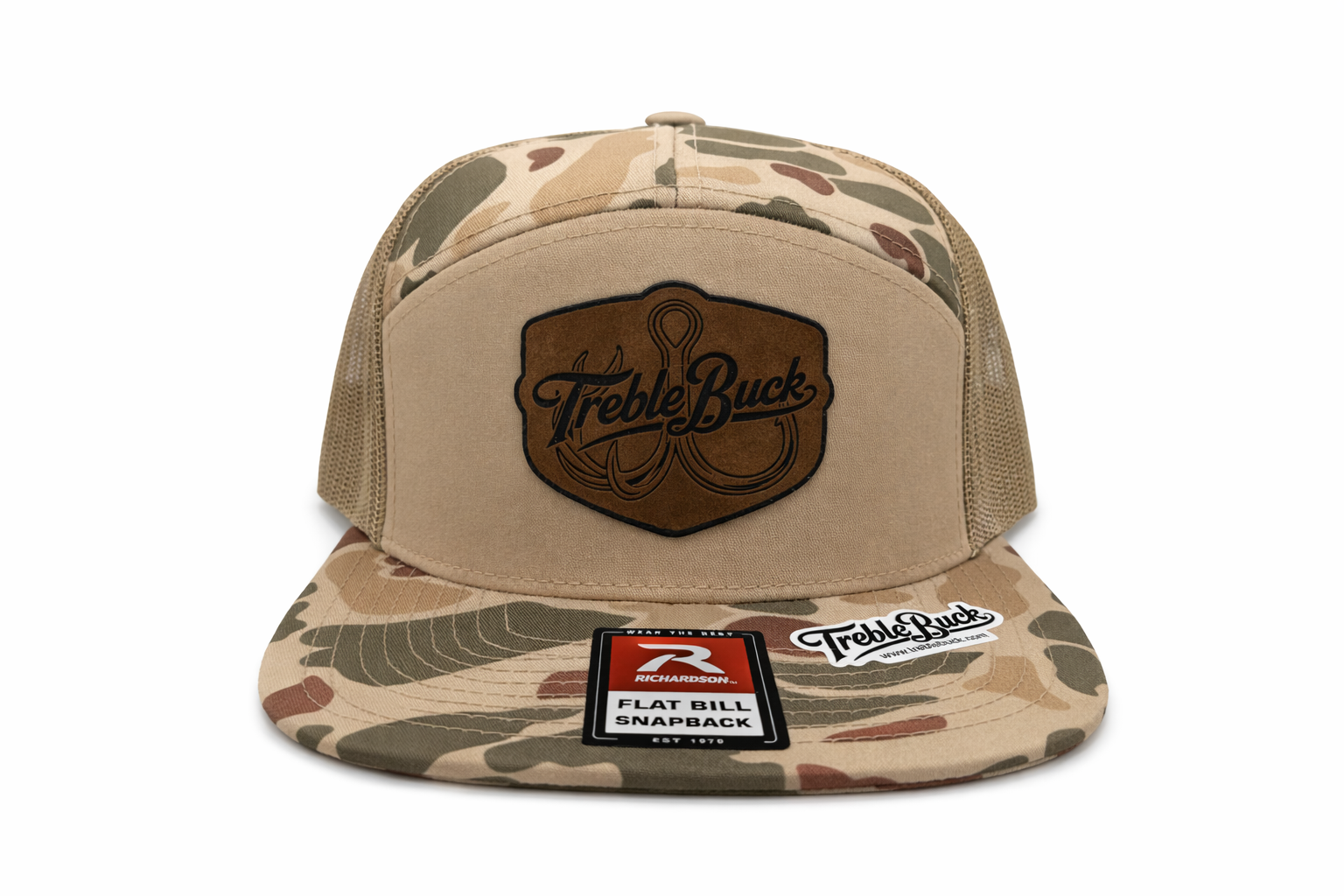 TrebleBuck Richardson 168 Trucker Hat – Light Duck Camo W/ Leather Patch Snapback | Outdoor Fishing & Hunting Cap