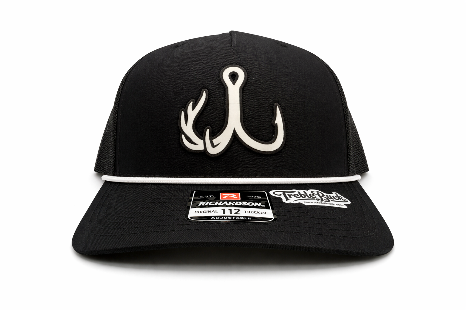 TrebleBuck Richardson 112 Rope Trucker Hat Black w/ White Patch Hunting and Outdoor Cap