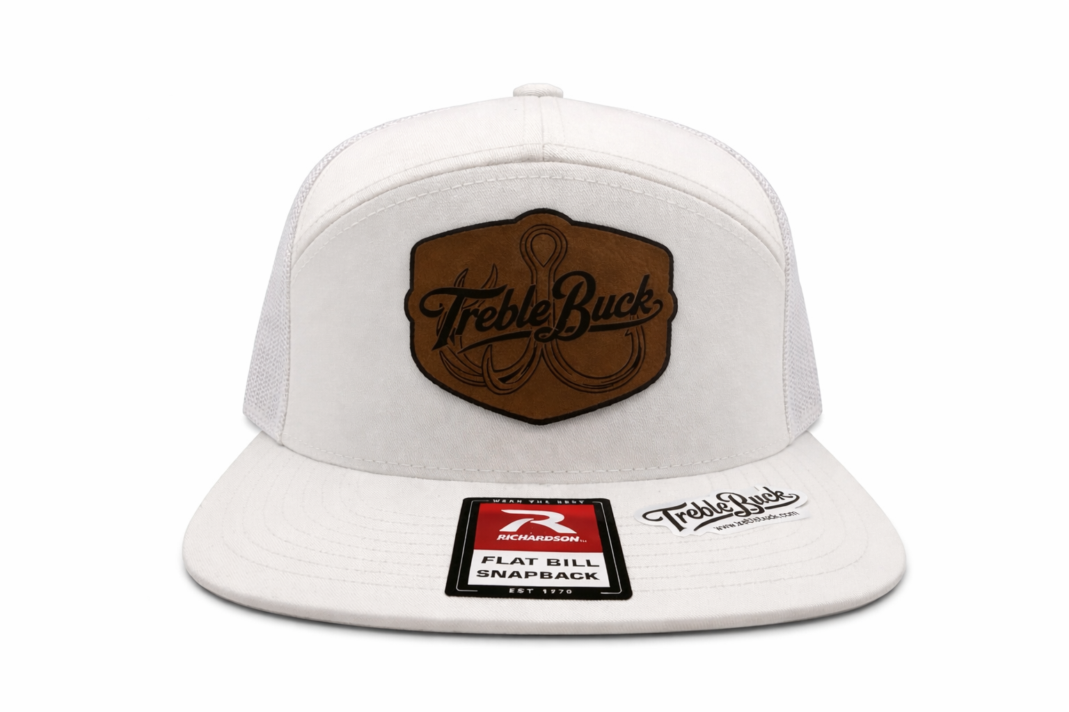 TrebleBuck Richardson 168 Trucker Hat – White W/ Leather Patch Snapback | Outdoor Fishing & Hunting Cap